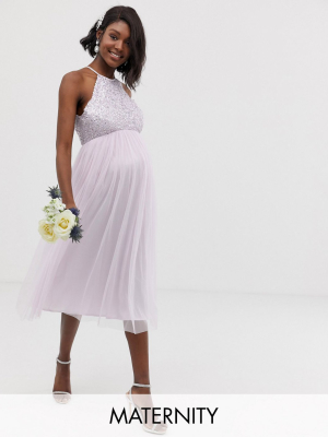 Maya Maternity Bridesmaid Halter Neck Midi Tulle Dress With Tonal Delicate Sequins In Soft Lilac