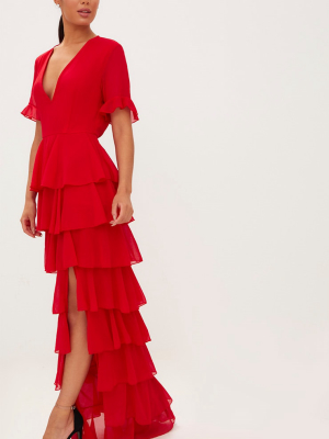 Red Chiffon Ruffle Layer Maxi Dress