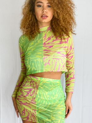 Plus Lime Abstract Print Mesh Mini Skirt