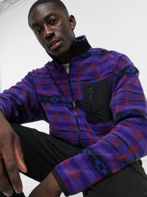 Asos Design Oversized Polar Fleece Track Jacket With All Over Geo Print In Purple & Black