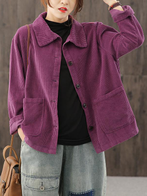 Plus Size - Women Solid Color Pocket Corduroy Jacket Coat
