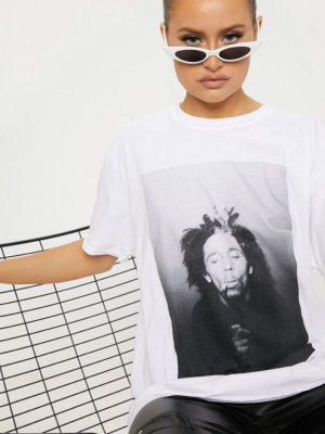 Bob Marley White Printed Oversized T Shirt