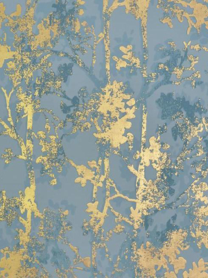 Shimmering Foliage Wallpaper In Blue And Gold By Antonina Vella For York Wallcoverings