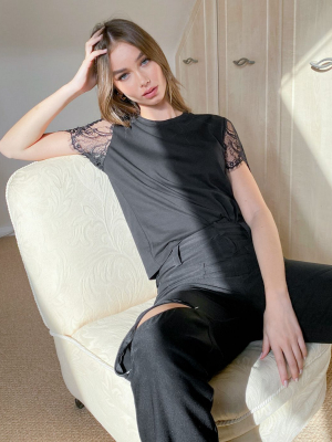 Asos Design T-shirt With Lace Sleeve Detail In Black