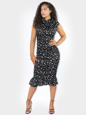 Black Dalmatian Print Sleeveless Ruched...