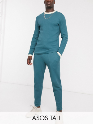 Asos Design Co-ord Tall Tapered Sweatpants In Deep Green Waffle With Contrast Waistband