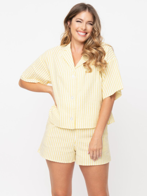 Yellow & White Striped Button Up Pajama Shirt