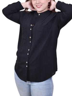 Plus Size Long Sleeve Button Mandarin Collar Blouse