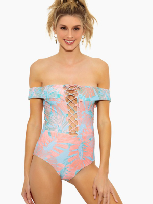 Anja Off Shoulder Lace Up One Piece Swimsuit - Bungalow Palm Tropical Print