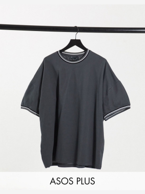 Asos Design Plus Oversized Pique T-shirt With Tipping In Washed Black