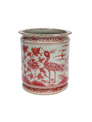 Underglaze Red Orchid Pot, Bird Motif