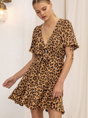 Hazel Leopard Tie Front Mini Dress - Cognac