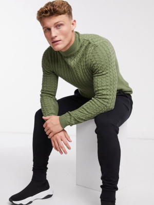 Asos Design Muscle Fit Cable Turtle Neck Sweater In Olive