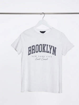 New Look Sporty Brooklyn Slogan T-shirt In White