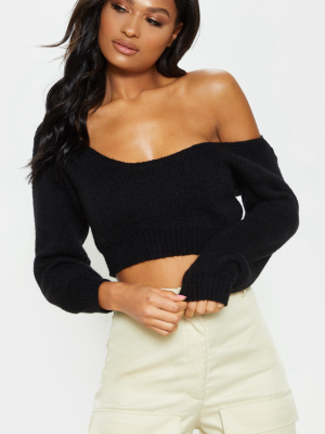 Adelaida Black Off Shoulder Knitted Crop Jumper