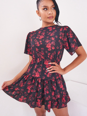 Black Floral Print Tiered Crepe Smock Dress