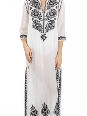 Embroidered Long Silk Chiffon Caftan