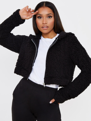 Petite Black Cropped Borg Zip Up Hoodie