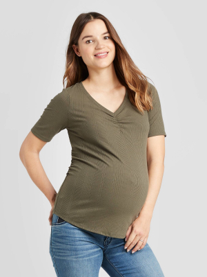 Maternity Elbow Sleeve V-neck Textured Rib T-shirt - Isabel Maternity By Ingrid & Isabel™ Olive