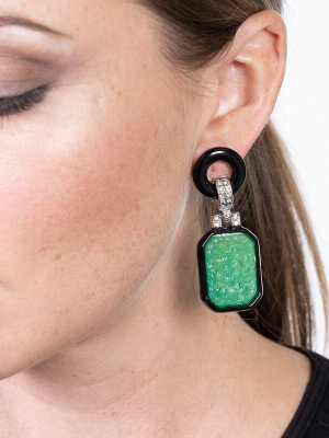 Small Jade And Black Art Deco Drop Clip Earrings