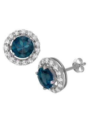 6mm Round-cut London Blue Topaz Halo Earrings In Sterling Silver