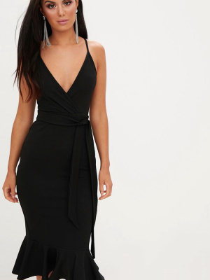 Black Strappy Tie Waist Fishtail Midi Dress