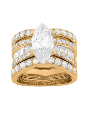 4.35 Ct. T.w. 14x7mm Marquise-cut Cubic Zirconia With Baguette Side Stones 3-piece Ring Set In 14k Gold Over Silver - (8)