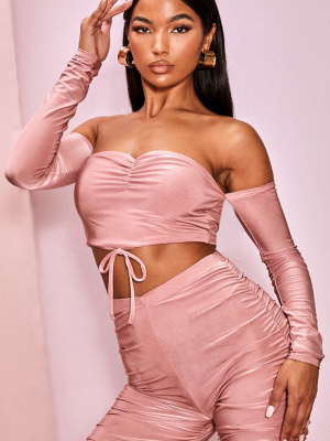 Mauve Slinky Bardot Long Sleeve Ruched Cup Crop...