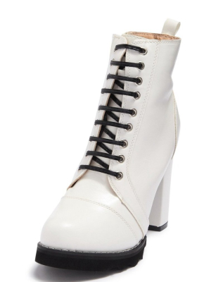 Anna081 White Pu Lace Up Block Heel Ankle Boot