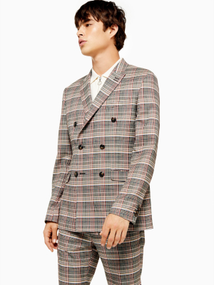 Gray And Red Check Skinny Fit Double Breasted Blazer With Peak Lapels