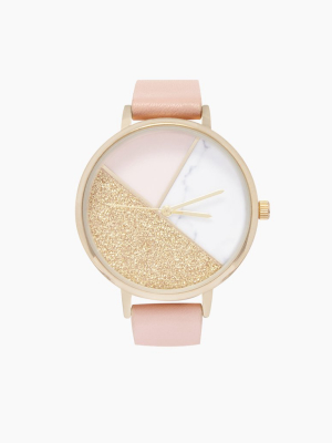 Round Marble Watch W/ Faux Leather Strap - Pink/marble