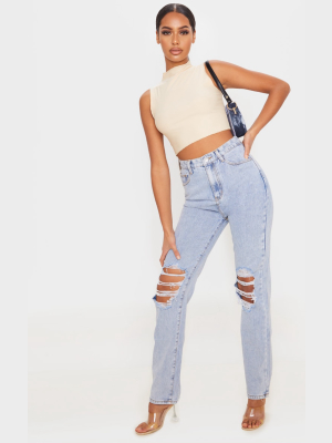 Light Wash Ripped Knee Long Leg Straight Jeans