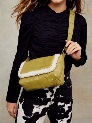 Olive Vinyl And Borg Shoulder Bag