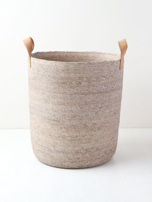 Hand Woven Large Storage Basket With Leather Handles Grey Drew And Garret