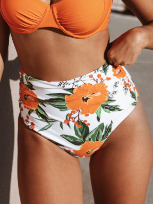 Orange Floral Shirring High Waisted Bikini Bottom