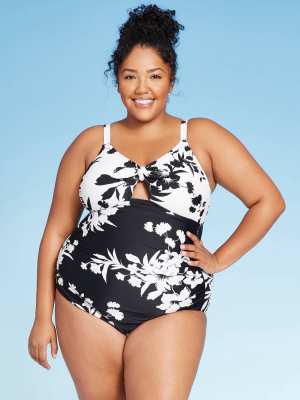 Women's Plus Size Front Tie One Piece Swimsuit - Kona Sol™ Black Floral