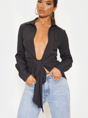 Black Woven Tie Front Shirt