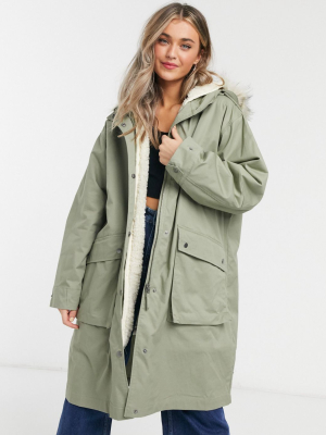 Asos Design Faux Fur Lined Parka In Sage