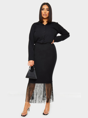 Black Woven Midi Fringe Detail Skirt