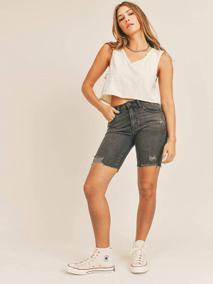 Denim Biker Shorts With Distressed Hem: Washed Black