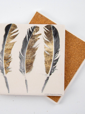 4pk Ceramic Gold And Silver Feather Print Coasters - Thirstystone