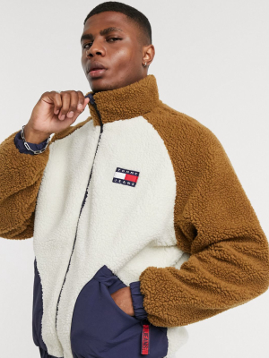 Tommy Jeans Reversible Retro Borg/cotton Jacket In Tan/navy