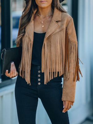 Walford Cropped Fringe Faux Suede Jacket - Camel