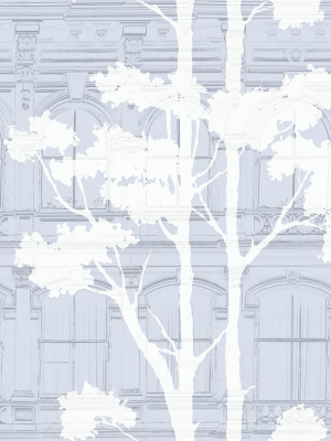 Architecture With Tree Shadow Wallpaper In Blue, Grey, And Cream From The Transition Collection By Mayflower