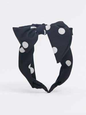 Asos Design Headband With Bow In Black And White Polka Dot