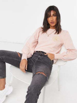 River Island Puff Sleeve Emblem Sweatshirt In Pink