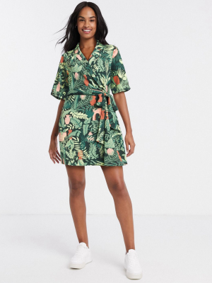 Monki Leah Leaves Print Wrap Shirt Dress In Black And Green