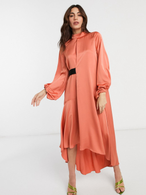 Asos Design Satin High Neck Midi Dress With Blouson Sleeve