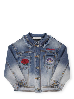 Monnalisa Floral Embroidered Denim Jacket