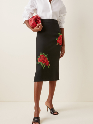 High-rise Rose-embroidered Crepe Midi Skirt